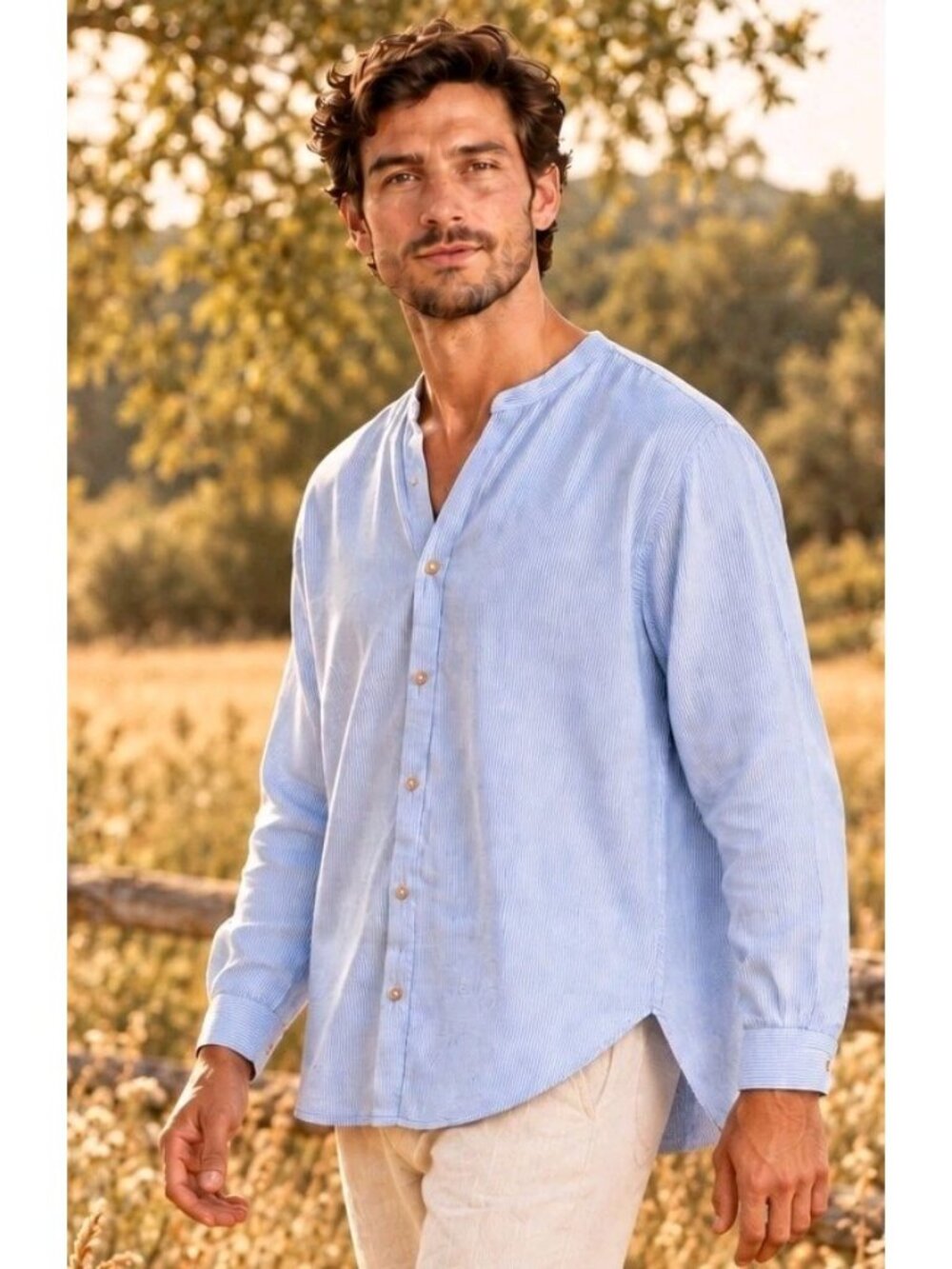 Zara TRF Collection Mens Cotton Linen Shirt Button Down Pinstriped Size L Blue W